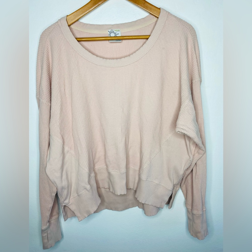 Offline by aerie Waffle Knit Sweater Top Size Small Oversized Cropped Lounge